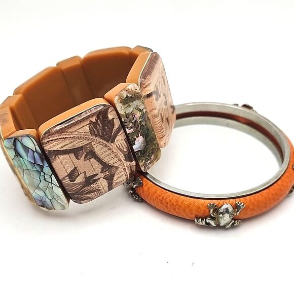 Bracelets Abalone and Nature Print Beige and Brown Leather with Frogs orange - Picture 1 of 6